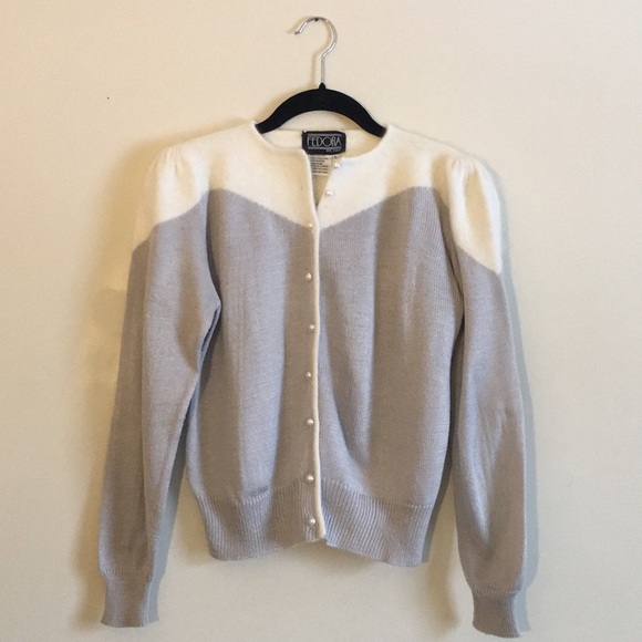 Vintage Fedora Cream & Grey Lambswool & Angora Cardigan w/Pearl Button Details - Picture 3 of 7